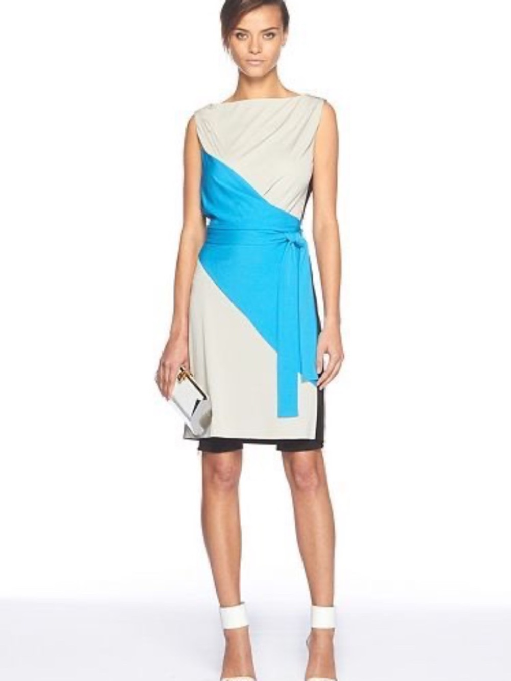 Diane Von Furstenberg Cream and Bright Blue Sleeveless Midi Dress